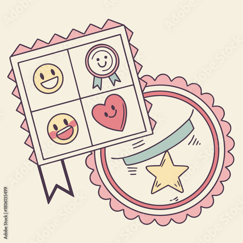 Cute hand drawn awards and emblems with smiley faces and stars