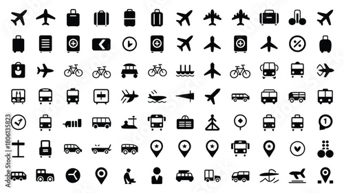Set of transportation icons simple flat vector glyphs for travel and logistics isolated on white background