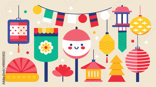 Colorful Japanese New Year illustration featuring traditional motifs like pine, bamboo, and plum blossoms..eps