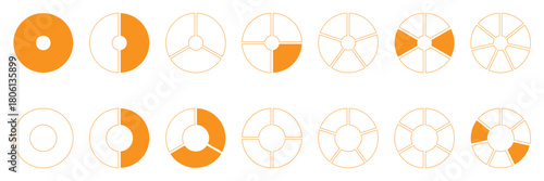 Circles divided diagrams on from 1 to 12 equal parts. Segments wheel round divide infographic. Coaching blank template. Graph pie, pizza shape section charts simple yellow icons.