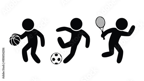 Stick figure athletes playing sports including basketball soccer and tennis simple vector icons isolated on white
