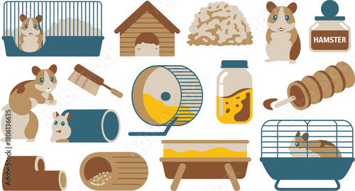 Cute Hamsters and Accessories Cage, House, Wheel, Food, Toys for Happy Pet Hamster Living