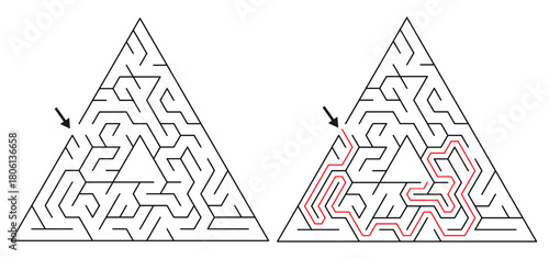 Triangular Maze Game for Adults - Easy Maze Game Flat Vector Black and White Outline Illustration for Kdp.