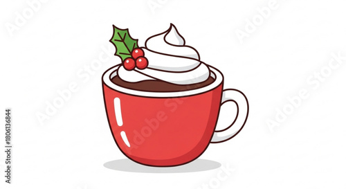 A delightful red mug filled with rich hot chocolate, topped with a swirl of whipped cream and a sprig of holly, perfect for a cozy winter treat isolated on