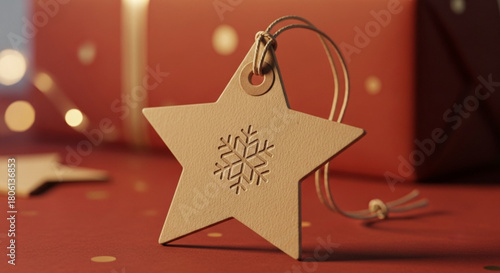 Closeup of a starshaped christmas ornament with a snowflake design, with gift boxes in the background