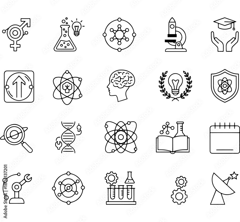 Naklejka premium Science, education, and technology line icon set showcasing various research, learning, and discovery symbols for web and print applications. Vector