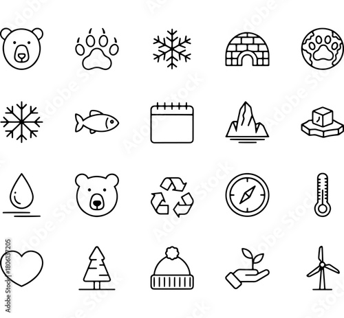 Arctic winter nature and environmental line icons set with animals, weather, and ecological symbols collection for design Vector.