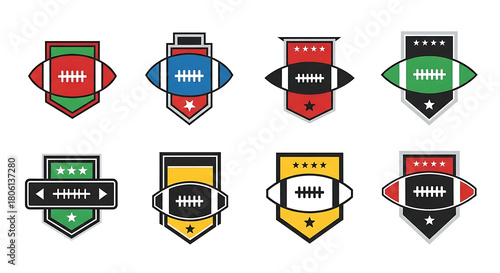 A collection of eight colorful vector football badges and emblems, featuring American footballs on shield shapes with stars, ideal for sports branding.