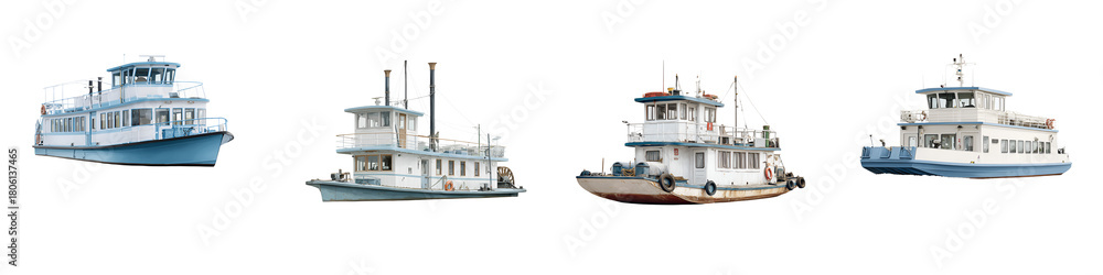 Obraz premium Vintage Marine Vessels: Collection of Diverse Historic Steamboats and Motorboats Isolated on White Background, Showcasing Nautical Transport and