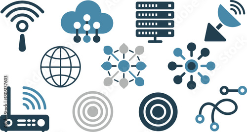 Depiction of Networking Icons Router, Servers, Cloud, Satellite, Data Connections, and Global Network