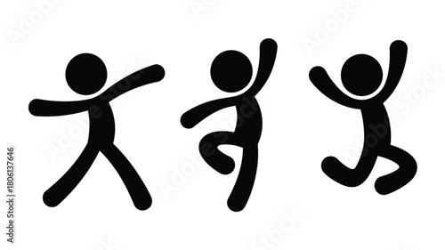 Stick figure dancing simple flat vector illustration of active poses isolated on white background for infographics and web design