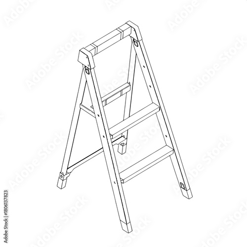 "A technical, isometric-style line drawing of a step ladder, rendered in pure black lines on a white background. The ladder’s frame, rungs, and hinges are shown with disciplined symmetry and no shadin