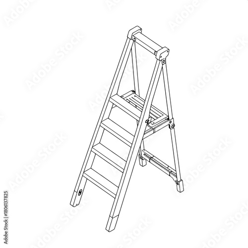 "A technical, isometric-style line drawing of a step ladder, rendered in pure black lines on a white background. The ladder’s frame, rungs, and hinges are shown with disciplined symmetry and no shadin