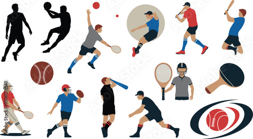 Diverse Athletes Playing Various Sports Baseball, Football, Soccer, Tennis, and Table Tennis Graphics