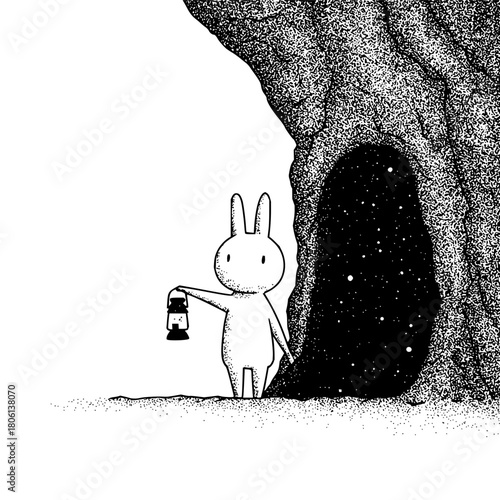 Illustration of rabbit with lantern exploring dark cave entrance with stars and stippling technique art