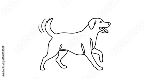 A simple black and white line art drawing of a happy dog walking with its tail wagging.