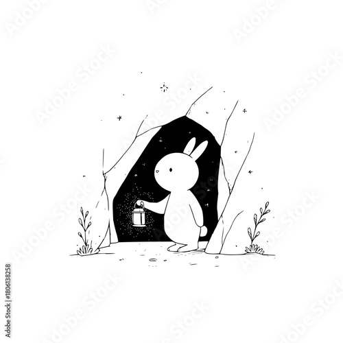Cute bunny rabbit with lantern in cave illustration art drawing vector graphic design wallpaper background image