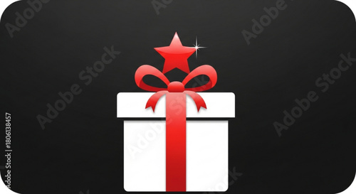 A stylized gift box with a red ribbon and a star on top against a dark background, symbolizing celebration, presents, and special occasions