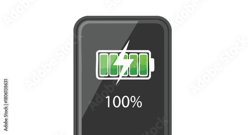 Smartphone Battery Fully Charged to 100 Icon with Lightning Bolt Symbol on White Background