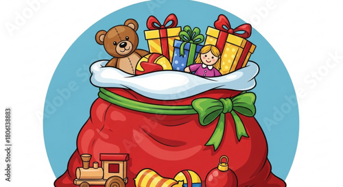 A festive christmas santa bag filled with toys and gifts, isolated on