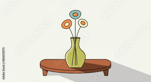 Minimalist Cartoon Flowers in Green Vase