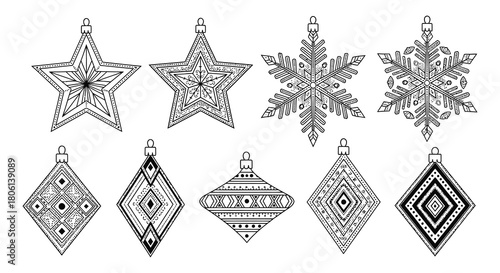 Collection of ten intricate black and white ornamental geometric patterns in star and diamond shapes