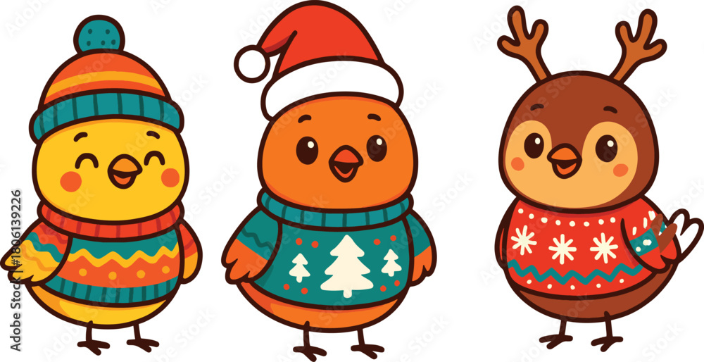 Obraz premium Cute Christmas Birds in Festive Winter Sweaters and Holiday Costumes – Adorable Cartoon Illustration
