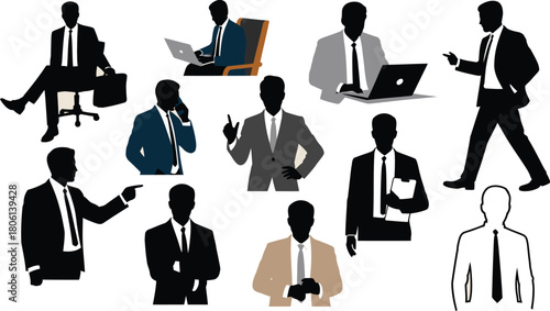 Diverse Business Professionals Silhouette Illustrations of Men in Suits, Working and Posing