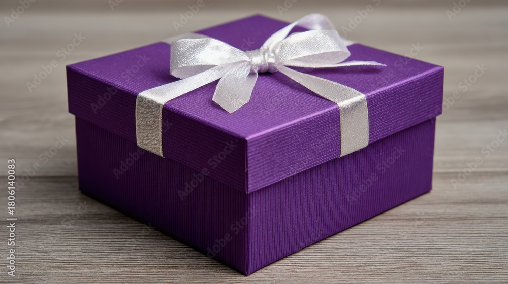 Obraz premium Purple gift box with white ribbon on wooden table ready for any occasion