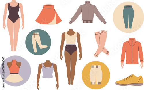 Diverse Cartoon Clothing Items Swimsuits, Skirts, Pants, Jackets, Leg Warmers, and Yellow Sneaker