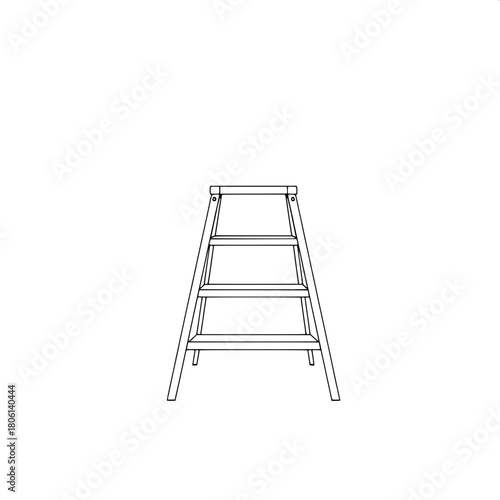 "A minimalist, front-facing line drawing of a compact four-step ladder. The legs angle outward, forming a subtle triangle. The artwork is monochrome with exact, evenly spaced lines and a stark white b
