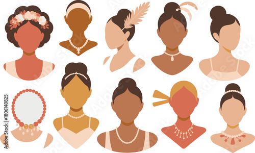 Diverse Women Portraits Illustrated Figures with Stylish Accessories, Necklaces, Headbands, and Feather Details