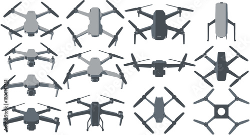 Drone Art Multiple Gray Quadcopter Views and Configurations Against White Background Composition