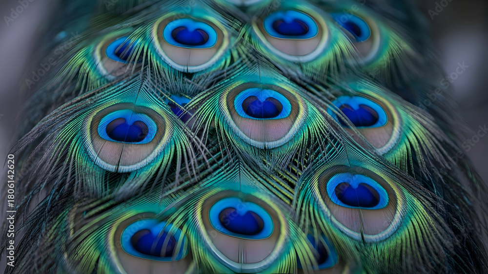 Obraz premium Peacock feather illustration showcasing vibrant iridescent blue and green eye patterns
