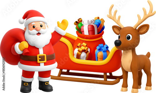 3d Santa Claus waving next to reindeer with sleigh