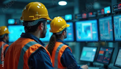 Workers monitor dashboards wearing safety gear. Team observes system performance in control room. Operators oversee industrial plant facility. Manpower in uniform analyzes data on displays ensuring