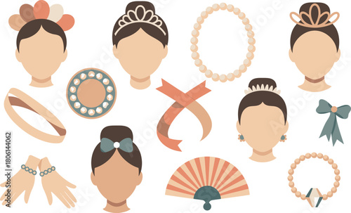 Flat Design Set Featuring Heads with Accessories Such As Pearl Necklaces, Bows, and Crowns