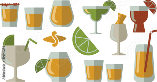 Flat Illustration of Various Drinks Margarita, Tequila Shots, Cocktail Glasses, Limes, and Straws