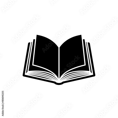 A simple black and white illustration of an open book, showing its pages.