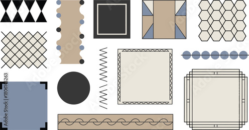 Geometric Pattern Composition Triangles, Squares, Circles, Hexagons, and Various Abstract Line Art Designs