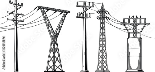 Electric transmission towers sketch, high voltage power lines, utility poles vector set, energy distribution grid infrastructure, black and white hand drawn illustration