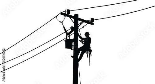 Lineman silhouette climbing electric pole, electrician repairing high voltage transformer, utility worker maintenance vector, energy grid service illustration, black isolated figure