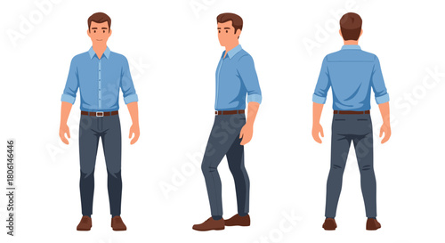 Professional Male Model Poses Front Side and Back Views of a Confident Businessman in Blue Shirt and Grey Pants