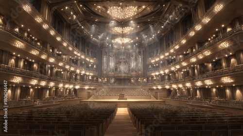 Grand concert hall interior with warm stage lighting, ornate balconies and wooden seating rows for classical music performances, orchestra events and elegant cultural architecture background