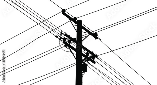 Silhouette of electric pole with complex wires, power lines crossing, high voltage utility post vector, urban energy grid infrastructure, black isolated illustration background