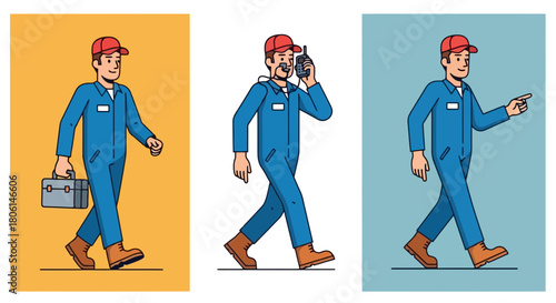 Cartoon Mechanic or Handyman Series Walking Talking on Phone Pointing Vector Illustration