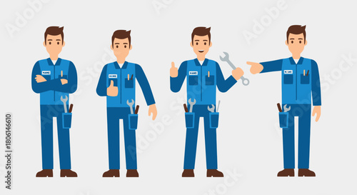 Cartoon Mechanic Character Set Four Poses of a Friendly Handyman with Tools for Repair and Maintenance Services