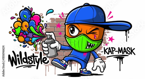 Cartoon character wearing a mask and cap sprays colorful graffiti art on a brick wall with "Wildstyle" text.