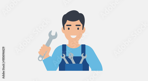 Happy Male Mechanic Holding Wrench Ready for Repair Work Vector Illustration symbolizing Skilled Labor and Maintenance Services
