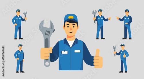 Friendly Mechanic Character Set Tools Repair Service Maintenance Icons for Business